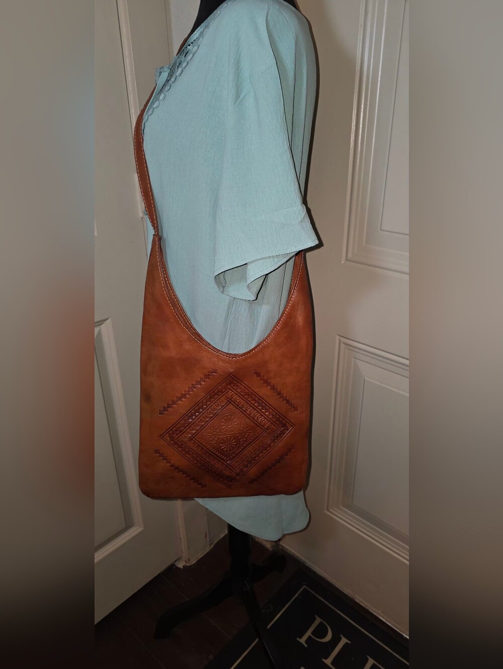 Handcrafted Genuine Leather Tooled Crossbody Hobo Bag Boho Western Artisan Purse
